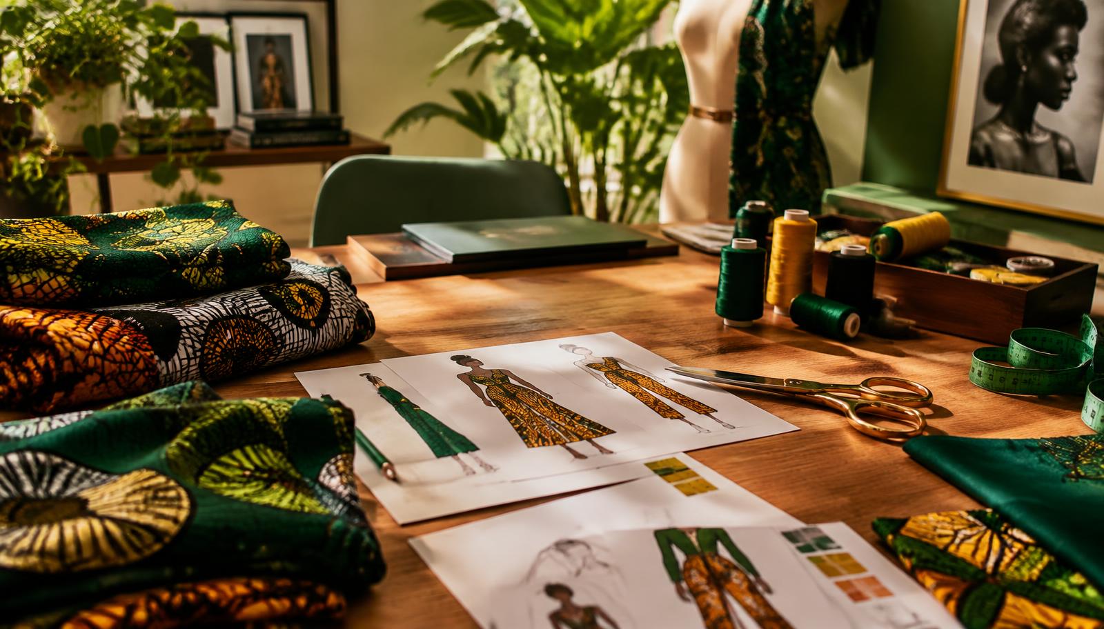 Design sketches and fabrics