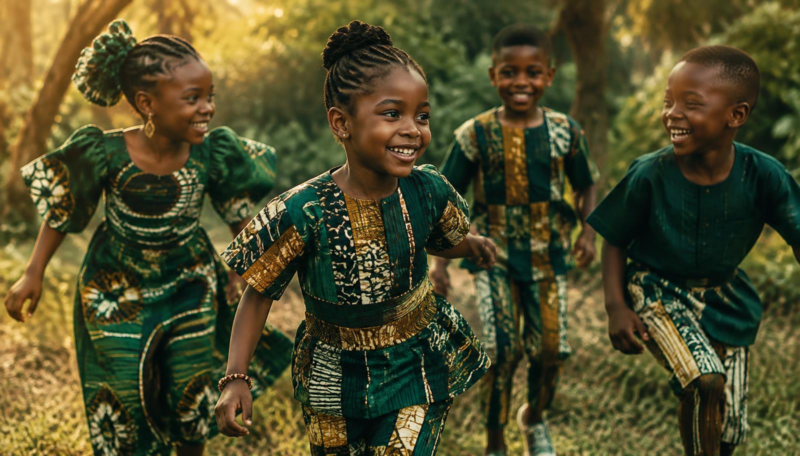Children wearing Roots & Play pieces with African-inspired prints